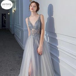 Casual Dresses Sexy Evening Party Women Sleeveless V Neck Mesh Wedding A-line Sequin High Split Slim Backless Banquet Long Female Robe Dress