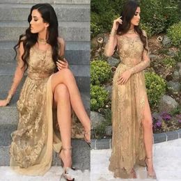Party Dresses Sexy Gold Illusion Bodices Long Prom Dresse High Neck Sheer Sleeves Side Split Evening Gowns Vintage Arabic Fashion