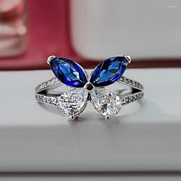 Cluster Rings Luxury Fashion 925 Silver High Carbon 1Ct D Color Blue Diamond Finger Band Lab-grown Marquise Butterfly Cocktail Ring