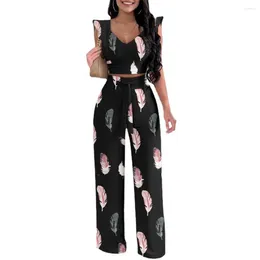 Women's Two Piece Pants Women Summer Suit Elegant Feather Print Vest Wide Leg Set For V Neck Top With High Waist Lace-up Strap Formal