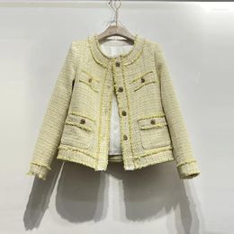 Women's Jackets Light Yellow Small Fragrant O Neck Tassel Jacket French Vintage Wine Long Sleeve Fashion Casual Loose Chic Tweed Coat Women