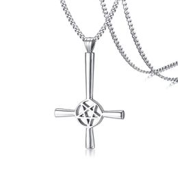 Large Silver Inverted Cross Occult Pentagram Necklace in Stainless Steel Satanic Gothic Satan Jewelry7723332