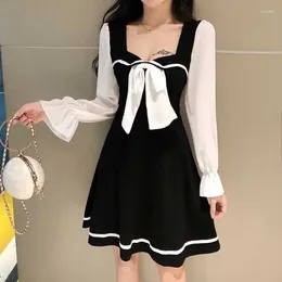 Casual Dresses Fashion Square Collar Spliced Lace Up Bow Sexy Party Dress Women's Clothing 2024 Spring Summer Loose Flare Sleeve Mini