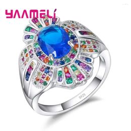 Cluster Rings Luxury Elegant Blue Flowers Crystal Embellishment Stone Ring Party Accessories 925 Sterling Silver For Thanksgiving