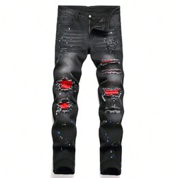 Men Stretchy Ripped Skinny Biker Embroidery Cartoon Print Jeans Destroyed Hole Slim Fit Denim High Quality Hip Hop Black Jeans 240423