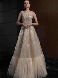 Party Dresses Champagne Square Collar Beading Crystal Dubai Prom A-Line Sleeveless Tiered Arab Formal Gowns