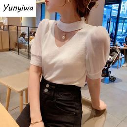 Korean Sweater Women Clothes Puff Sleeve Elegant Ladies Knit Tops Fashion Y2K Halter Sweaters Fall V Neck Pullover 240422