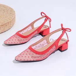 Casual Shoes Summer Women 3cm Pointed High Heels Sandals Lady Large Size Back Empty Air Mesh Fashion Round Dot Breathable Gauze Sandles