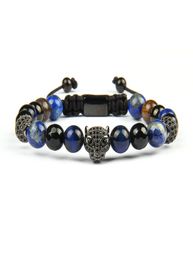 Men Panther Cz Bracelets Whole 8mm Natural Stone Beads With Black CZ Leopard Macrame Stainless Steel Jewelry3073553