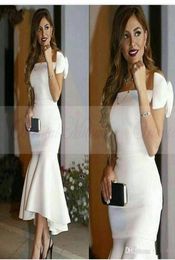 2019 Mermaid Evening Dresses Sexy White Satin Off Shoulder Prom Dresses Formal Party Gowns Elegant Tea Length Celebrity Dress7003027