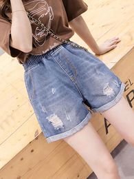 Women's Jeans 2024 Summer Women Fashion Loose Pockets Denim Shorts Female Korean Elastic Waist Casual Ladies Holes Short Pants H208