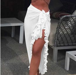 Women Beach Wear Women Sunscreen Half Dress Sexy Chiffon Swimwear Cover Up Ruffle Solid See Through Summer Kaftan Sarong Beach Long Half Dress d240501