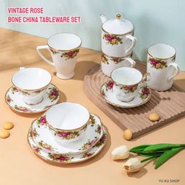 Vintage Rose Bone China Tableware English Tea Set Coffee Cup Afternoon Tea Home Teacup Mug Creative Milk Pot Pastoral Dish Plate 240417