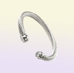 Luxurious Mens Twisted Cable Open Cuff Bangle Steel Cubic Zirconia Crystal Stone Charm Bracelets for Men Women Q07199414944