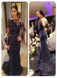 Dark Navy Evening Dresses with Long Sleeves Sheer Mermaid Beaded Lace Appliqued Sweep Train vestidos de noche traje de gala3119151