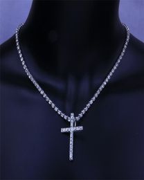 New Iced Out Cross Necklaces Cubic Zircon Tennis Chains Mens Hip Hop Jewellery Women Fashion Gold Silver CZ Pendant Party Choker Nec4470399