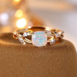 Cluster Rings Cushion Cut Square Rainbow White Fire Opal For Women Gold Color Horse Eye Zircon Charm Leaf Wedding Bands Party Jewelry CZ