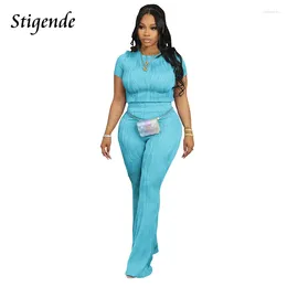 Women's Two Piece Pants Stigende Women Bodycon Ribbed Set Short Sleeve T Shirt And Flare Pant Sets Loose Fit Casual Summer Outfits