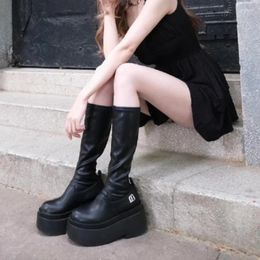 Boots Genuine Leather Black Beige Colour Slim Stretch Socks Punk Gothic Platform Flats Winter Autumn Lady Knee High Shoes