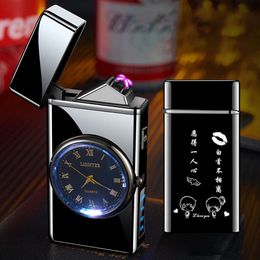 Power Display Dual Arc Pulse Electronic Lighter Quartz Watch Men's Gift Cigarette Lighter