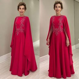 Elegant fuchsia Mother Of The Bride Dresses jewel neck cape Wedding Guest Dress beaded floor length Evening Gowns