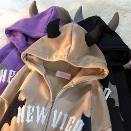 Hip Hop Gothic Bat Wing Devil Horn Zip Up Hoodie Jacket Women Men Oversized Sweatshirt Kawaii Clothes Harajuku Winter Y2K 240428