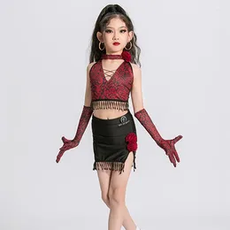 Stage Wear Red Girls Latin Dance Costume Sleevelss Tassel Top Skirt Split Suit Professional Competition Dancer Show VDL304