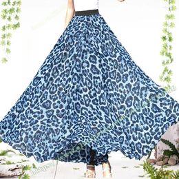 Skirts Mopping Floor Women's Long Skirt 2024 Summer Blue And Red Sexy Leopard Chiffon Elegant High-waisted Flowy Women