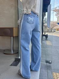 Women's Jeans Gagarich Fashion Women Clothing Korean Chic Spring Niche Back Bow Print Drawstring Versatile Side Striped Long Pants
