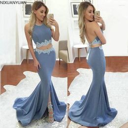 Party Dresses Halter Two Piece Evening Split Skirt Mermaid Long Formal Gown Floor Length Appliques Prom Dress With Jacket