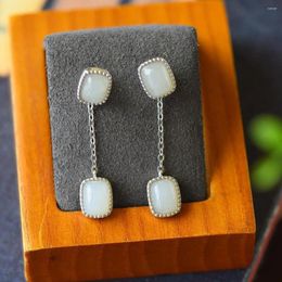 Dangle Earrings Natural Hetian Jade Ear Studs S925 Sterling Silver Fashionable Temperament Short Small Square Rings