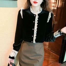 Women's Blouses Gold Velvet Shirt For Women Single Breasted Long Sleeved Top Lace Border Fashion Design Autumn And Winter 2024