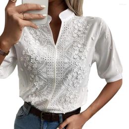 Women's Blouses Women Shirt Embroidery Floral Lace Pullover Tops Stand Collar V-neck Half Sleeve