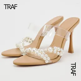 Sandals TRAF Transparent Pearl Heels Women's Mules Stiletto Slingback Clear For Women Summer High-heeled