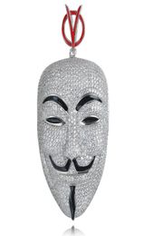 Hip Hop V for Vendetta Necklace Silver Colour Cubic Zircon Mask Pendant for Men Ice Out Tennis Chain Rapper Jewelry6550360