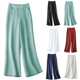 Women's Pants Half Elastic High Waisted Buckle Slimming Casual Cotton Linen Wide Leg For Women