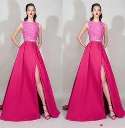 Two Piece Fuchsia Prom Dresses 2016 Design with Sexy High Side Slit A Line Vestidos de Festa Lace Applique Formal Evening Party Go3483648