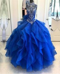 High Neck Crystal Beaded Bodice Corset Organza Layered Quinceanera Dresses Ball Gowns Princess Prom Dresses Laceup6498126