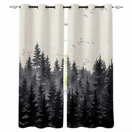 Curtain Watercolour Forest Bird Dark Grey Curtains For Windows Drapes Modern Printing Living Room Bedroom