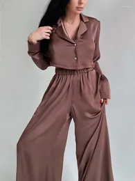 Women's Two Piece Pants 2024 Spring Summer Tracksuit With Short Shirt Silk Satin Wide Leg Trousers Set For Women Loungewear