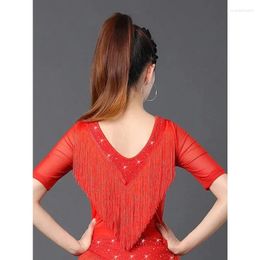 Stage Wear Summer Women Latin Dance Tops Fashion Sexy Lace Neck Fringe Design Tassel Dancing Clothing Tango Chacha