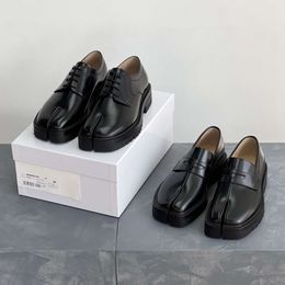 New thick soled split toe loafers, fashionable black tie up pig's feet British style genuine small leather shoes, comfortable