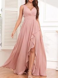 Party Dresses Simple Elegant Luxury Wide Sling V Neck Sleeveless Prom Soft Spring Summer Gown Split Wave Edge Design Vestidos