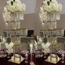 Hangging crystal)Wedding decoration striped tall clear glass vase Large Flower Decorative Vase metal Trumpet Flower Vase stand gold sTable Centrepiece