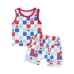 Clothing Sets Summer Independence Day Toddler Baby Boy Outfit Star Print Sleeveless Tops Plaids Elastic Waist Shorts Clothes Set