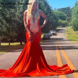 Party Dresses EVLAST Glitter Orange Velvet Mermaid Prom Dress For Black Girls Silver Rhinestone Beaded Formal Birthday Gala Gown P39