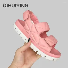 Sandals 2024 Est Summer Genuine Leather Thick Sole Magic Tape Gladiator Beach Shoes Pink Color Desinger Sapato Feminino