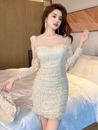 Casual Dresses Sweet Gentle Style Lace Prom Women Chic Sheer Mesh Tull Spliced Bodycon Skinny Folds Gown Evening Party Vestidos Mujer