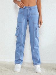 Women's Jeans Benuynffy Vintage High-waisted American Streetwear Straight-leg Pants Multi-pocket Casual Loose Cargo 2024