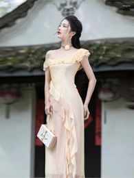 Casual Dresses Sexy Slim Beach Split Dress Elegant Vintage Ruffles Fairy Sundresses Chic Off Shoulder Women Evening Party